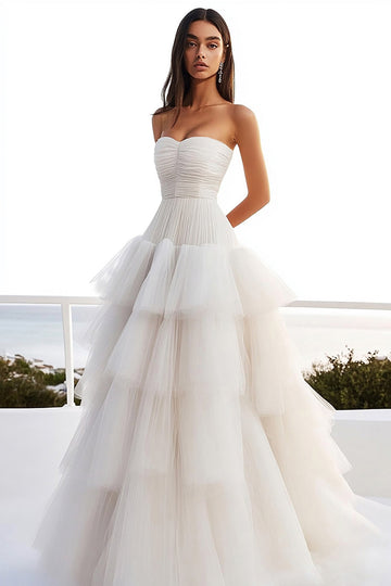 Ivory Tiered Tulle A Line Strapless Pleated Wedding Dress